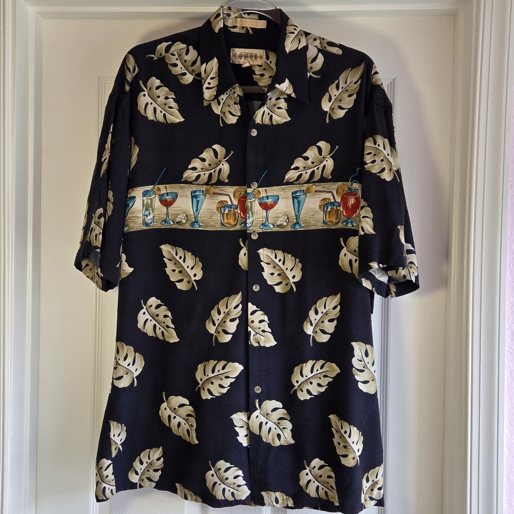 Campia Moda Vintage Hawaiian Shirt Cocktail Print Men's Size Medium Black